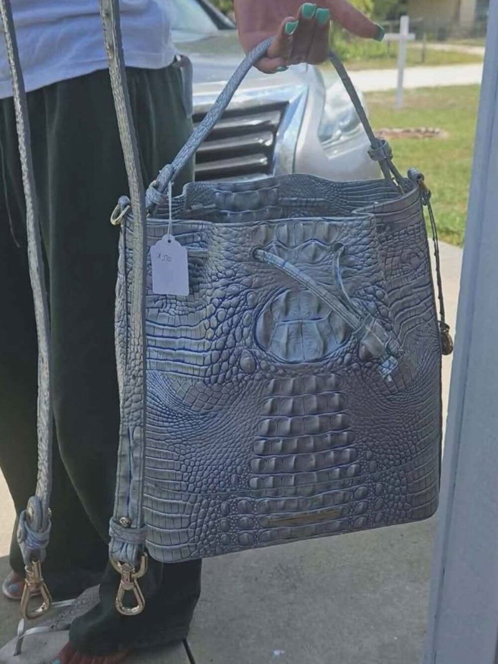 Brahmin Croc-Embossed Metallic Leather Bucket Bag (Drawstring / Crossbody